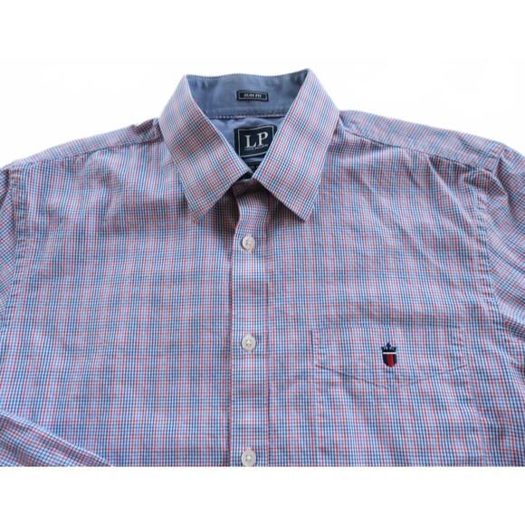 Louis Philippe Mens Cotton Slim Fit LS Button Up Red White Blue Plaid Shirt 40 - Picture 1 of 6